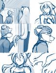 2019 animal_humanoid anthro blue_and_white canid canid_humanoid canine canine_humanoid canis clothed clothing collar conditional_dnp database_error_(twokinds) eyewear female fur glasses group hair human humanoid keidran male mammal mammal_humanoid monochrome raine_silverlock roselyn_(twokinds) sketch tom_fischbach twokinds wolf