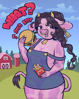 animal_print anthro barn bindi black_tail_tuft bodily_fluids braided_hair breasts burger cannibalism choker cleavage clothed clothing cloud cow_print cowbell drooling ear_piercing ear_tag facial_piercing farm female food grain_silo hair hill horn jewelry medium_breasts necklace nose_piercing overall_dress piercing pink_body saliva septum_piercing side_boob solo tail tail_tuft tuft werehouse mcdonald's doja_cow_(werehouse) bovid bovine cattle mammal absurd_res hi_res