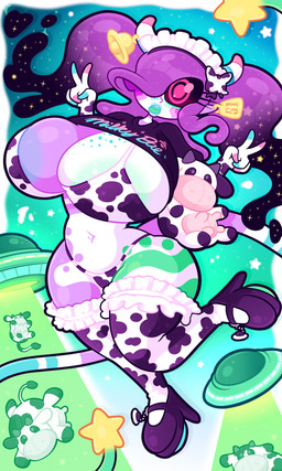 2_tails alien_abduction alternate_costume animal_print animal_print_bikini areola areola_slip big_breasts bikini bikini_bottom bikini_top black_hair blue_freckles blue_lips breasts clothing cosmic_hair costume cow_print cow_print_bikini cowbell cowprint_leggings ear_piercing ear_tag ethereal_hair female flying_saucer footwear freckled_breasts freckled_face freckles goo_hair green_body hair high_heels horn huge_breasts leggings legwear lips maid_headdress multi_tail multicolored_body navel one_eye_obstructed pattern_bikini pattern_clothing pattern_swimwear piercing pink_eyes plushie pseudo_hair purple_body purple_hair ribbons ringed_eyes shoes solo star stars_in_hair swimwear tail toy two-piece_swimsuit ufo white_body blargen69 fi-fi_(blargen69) alien humanoid 3:5 hi_res