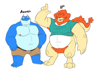 3_toes 4_fingers anthro armpit_hair barazoku belly belt biceps biped blue_body blue_skin body_hair bottomwear clothing covered_eyes duo eyebrow_through_hair eyebrows feet fingers fur gesture hair hair_over_eyes hairy hand_gesture horizontal_pupils male markings musclegut muscular navel nipples overweight pants pecs plantigrade pointing pointing_up pubes pupils shirt simple_background slightly_chubby smile standing tail tail_tuft tight_clothing tight_shirt tight_topwear toes topwear translucent translucent_hair tuft whisker_markings white_background yellow_sclera leothelionel arkael_(includefireio) leo_(leothelionel) amphibian felid frog lion mammal pantherine 2020
