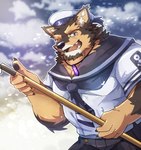 anthro broom cleaning_tool countershading crystal jewelry male muscular muscular_male necklace one_eye_closed pecs sailor sailor_hat sailor_uniform solo wink boar_stag144 lifewonders live_a_hero pubraseer canid canine canis domestic_dog mammal absurd_res hi_res