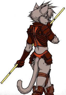 anthro armor biped butt clothed clothed_anthro clothed_female clothing dagger female female_anthro glance holding_object holding_weapon melee_weapon polearm quarterstaff rear_view simple_background solo staff tail unconvincing_armor warrior weapon white_background meesh domestic_cat felid feline felis mammal digital_media_(artwork) low_res