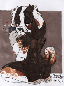 anthro blush breasts brown_body brown_fur butt cellphone chest_tuft electronics female fur looking_down multicolored_body multicolored_fur paws phone selfie side_boob simple_background sitting smartphone solo tail text tuft mootsncompany abel_(mootsncompany) canid canine canis domestic_dog mammal molosser mountain_dog saint_bernard hi_res japanese_text sketch traditional_media_(artwork)