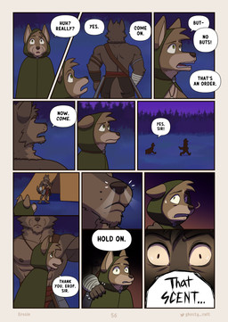abs anthro armor back_muscles barefoot bodily_fluids bottomwear bracers brown_body brown_fur cloak close-up clothed clothing creepy_face dialogue duo ears_back feet following fur green_cloak green_clothing green_eyes hand_on_shoulder jewelry leather leather_strap male muscular necklace night nipples outside page_number pecs pivoted_ears scared sky sniffing speech_bubble standing straps sweat sweatdrop tail tassets tent text thanking topless turning_around walking wide_eyed wraps wrist_wraps ghosty_cult far_beyond_the_world_(series) erof_(far_beyond_the_world) talisin_(far_beyond_the_world) canid canine canis mammal wolf comic english_text hi_res multiple_scenes