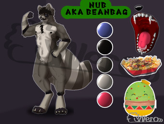 anthro big_tail body_hair chest_hair countershading flexing food male markings mouth_shot musclegut muscular open_mouth plushie solo standing striped_markings stripes tail nerothefloof nub_(nerothefloof) mammal procyonid raccoon digital_media_(artwork) model_sheet shaded