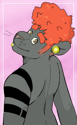 anthro arm_tattoo black_body black_fur brown_eyes ear_piercing eyebrows facial_piercing flesh_tunnel fur gauged_ear hair labret_piercing lip_piercing looking_at_viewer looking_back looking_back_at_viewer male male_anthro mullet nude_anthro nude_male piercing pink_background red_hair simple_background smile solo tattoo whisker_spots p_rindustries gale_(p_rindustries) felid mammal pantherine 2020 hi_res