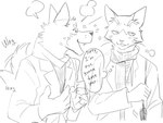 anthro claws clothed clothing dialogue duo fingers fur male open_mouth open_smile smile tail tail_motion tailwag text thought_bubble whiskers rcta_9 canid canine canis domestic_cat domestic_dog felid feline felis mammal english_text hi_res monochrome