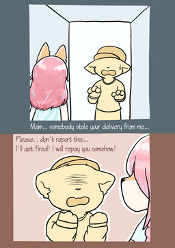 blue_clothing clothing delivery_(commerce) delivery_employee delivery_uniform dialogue door duo female fox_ears hair inside male pink_hair text uniform white_body yellow_body ganghandog canid canine felid feline fox mammal absurd_res comic english_text hi_res multiple_scenes