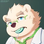 anthro blue_eyes candy clothing coat dessert eyebrows eyewear food fur glasses lab_coat lollipop male necktie solo text thick_eyebrows topwear white_body white_fur littlehyper lifewonders tokyo_afterschool_summoners leib_(tas) bear mammal polar_bear ursine 1:1 url