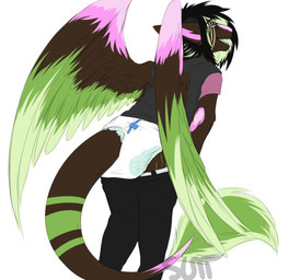 anthro belt biped bottomwear bottomwear_down clean_diaper clothed clothing diaper exposed_diaper eyewear feathers fully_clothed fur glasses hair male multicolored_body multicolored_feathers multicolored_fur multicolored_hair pants pants_down partially_clothed shirt simple_background solo standing tail topwear wearing_diaper white_background wings unknown_artist unknown_artist_signature mythology twixxel_minty angel_dragon dragon mythological_creature mythological_scalie scalie signature source_request