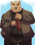 anthro belly big_belly black_nose bottomwear brown_body brown_fur clothing fur humanoid_hands kemono male necktie overweight overweight_male pants shirt solo topwear emufu canid canine canis domestic_dog mammal 2022 hi_res