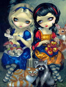 accessory alternative_fashion ambiguous_gender apple black_hair blonde_hair blue_eyes brown_body brown_fur clothed clothing countershade_fur countershading detailed_background dress eyebrows eyelashes female feral food fruit fungus fur grey_body grey_fur group hair hair_accessory hairband hime_lolita historical_european_clothing human_focus j-fashion legwear lips lolita_(fashion) long_hair multicolored_body multicolored_fur mushroom orange_body orange_fur pale_skin plant red_lips sitting stockings sweet_lolita tail teeth white_body white_fur young jasmine_becket-griffith alice_in_wonderland snow_white_(folk_tale) alice_(alice_in_wonderland) cheshire_cat snow_white cheshire_cat_(species) deer domestic_cat felid feline felis human mammal procyonid raccoon crossover painting_(artwork) traditional_media_(artwork) traditional_painting_(artwork)