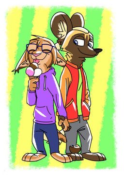 ambiguous_gender anthro anthro_on_anthro barefoot border bottomwear brown_body brown_fur cheek_tuft clothed clothing dessert duo ear_tuft ears_down eyes_closed eyewear facial_tuft feet food fully_clothed fur glasses hand_holding head_tuft holding_food holding_object hoodie ice_cream inner_ear_fluff interspecies jacket pants pattern_background pivoted_ears simple_background smile standing striped_background tongue tongue_out topwear tuft white_border theblueberrycarrots marc_(theblueberrycarrots) milo_(juantriforce) african_wild_dog canid canine felid feline lynx mammal 2019 absurd_res hi_res