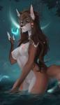 anthro big_breasts blue_eyes blush breasts brown_hair clothing female fur genitals hair hat headgear headwear long_hair magic magic_user nipples nude open_mouth pose pussy simple_background solo witch witch_hat lorliz aurasai canid canine canis fox mammal wolf 2019 digital_media_(artwork) hi_res pinup