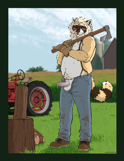 anthro axe balls blue_eyes blush bodily_fluids bottomwear brown_body brown_fur clothed clothing denim denim_bottomwear denim_clothing detailed_background ear_piercing ear_ring erection facial_hair facial_piercing footwear foreskin fur genital_fluids genital_piercing genitals goatee grass holding_object holding_weapon humanoid_genitalia humanoid_penis jeans male male_anthro markings musclegut muscular muscular_anthro muscular_male mustache nipples nose_piercing nose_ring open_bottomwear open_clothing open_pants outside overweight overweight_anthro overweight_male pants penis penis_piercing piercing pink_penis plant precum precum_string prince_albert_piercing ring_(marking) ring_piercing ringed_tail shoes solo striped_markings striped_tail stripes suspenders sweat tail tail_markings tan_body tan_fur topless topless_anthro topless_male tractor vehicle weapon white_body white_fur wood labradorszn mammal procyonid raccoon 2026 hi_res