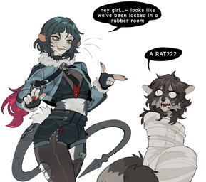 5_fingers anthro anthrofied biped blue_eyes blue_hair bottomwear bound breasts brown_hair claws clothed clothed_anthro clothed_female clothing countershade_fur countershade_torso countershading dialogue duo female finger_claws fingerless_gloves fingers full_body_straitjacket fully_clothed fully_clothed_anthro fully_clothed_female fur gloves grey_body grey_fur grey_tail hair handwear navel open_mouth restraints simple_background sitting speech_bubble standing straitjacket tail teeth text tongue topwear white_background raccoattack mihoyo zenless_zone_zero jane_doe_(zenless_zone_zero) racc_(raccoattack) mammal murid murine procyonid raccoon rat rodent 2025 digital_drawing_(artwork) digital_media_(artwork) english_text hi_res