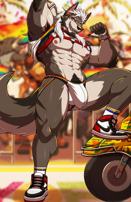 5_fingers abs anthro areola beard biped black_beard black_clothing black_facial_hair black_footwear black_nose black_pawpads black_pubes black_shoes blurred_background body_hair bracelet brown_body brown_fur brown_tail bulge cheek_tuft chest_hair chest_harness clothed clothed_anthro clothed_male clothing detailed_bulge digit_ring ear_piercing ear_ring eye_scar eyebrows facial_hair facial_scar facial_tuft fangs finger_ring fingers footwear fur gesture glistening glistening_body glistening_eyes hair hand_behind_head hand_gesture harness jewelry jockstrap lgbt_pride looking_at_viewer male male_anthro multicolored_bracelet multicolored_clothing multicolored_footwear multicolored_jockstrap multicolored_shirt multicolored_shoes multicolored_socks multicolored_tail multicolored_topwear muscular muscular_anthro muscular_male navel nipples open_mouth open_smile pantsless pantsless_anthro pantsless_male pawpads pecs piercing pink_areola pink_inner_ear pink_nipples pointing pointing_at_self pointy_ears prick_ears pride_color_bracelet pride_color_clothing pride_color_footwear pride_color_shirt pride_color_socks pride_color_topwear pride_color_underwear pride_colors pubes raised_clothing raised_shirt raised_topwear red_clothing red_eyes red_footwear red_shoes ring_piercing scar shirt shoes smile smiling_at_viewer socks solo standing tail tan_body tan_fur tan_tail teeth tongue topwear tuft underwear white_clothing white_eyebrows white_footwear white_hair white_shoes wristband drks drks_(drks) alaskan_malamute canid canine canis domestic_dog mammal nordic_sled_dog spitz 2026 absurd_res digital_drawing_(artwork) digital_media_(artwork) hi_res