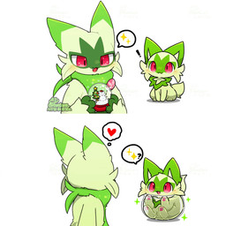:3 ambiguous_gender anthro blush bowl cats_are_liquid claws container cute_fangs dipstick_ears duo ear_markings exclamation_point fangs feet feral fur glass_bowl gloves_(marking) green_body green_ears green_fur green_tail heart_symbol holding_object kemono looking_at_another looking_back markings multicolored_ears open_:3 open_mouth open_smile pawpads paws pink_pawpads question_mark red_eyes simple_background sitting smile snow_globe sparkles speech_bubble tail tail_motion tailwag teeth thought_bubble white_background white_claws tontaro nintendo pokemon felid feline floragato generation_9_pokemon mammal pokemon_(species) sprigatito 1:1 2d_animation animated frame_by_frame signature watermark