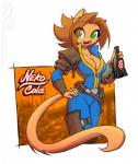 5_fingers anthro armor belt beverage big_breasts blue_clothing border bottle breasts brown_body brown_clothing brown_fur brown_hair cheek_tuft cleavage clothed clothing container curvy_figure eyebrows eyelashes facial_tuft female fingers fluffy fluffy_hair fluffy_tail fur green_eyes hair hand_on_hip holding_beverage holding_bottle holding_container holding_object hourglass_figure inner_ear_fluff leather leather_armor licking licking_lips licking_own_lips long_tail looking_aside looking_at_viewer makeup mascara nuka-cola open_mouth open_smile orange_background orange_body orange_fur orange_tail outside parody pink_tongue pip-boy post-apocalyptic ruins self_lick short_hair simple_background sky slim small_waist smile solo standing tail tan_body tan_fur teeth text tight_clothing tongue tongue_out tuft unconvincing_armor vault_suit wasteland white_border wide_hips conditional_dnp jollyjack fallout microsoft sequential_art kat_vance domestic_cat felid feline felis mammal 2018 crossover digital_media_(artwork) english_text