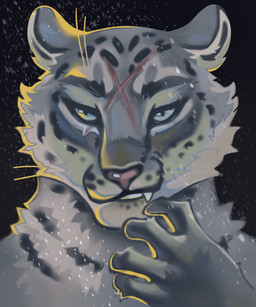anthro black_background blue_eyes fangs fur grin male marks_on_body pink_nose scar simple_background smile snow solo spots teeth teonocturnal felid feline mammal pantherine snow_leopard 5:6 headshot_portrait hi_res portrait