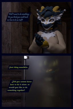 anthro arm_warmers armwear blue_body blue_eyes blue_fur blurred_character clothing collar dialogue female fur green_body hoodie male shower text topwear white_body white_fur yellow_eyes flauntingfornication european_mythology mythology dragon kobold mythological_creature mythological_scalie scalie western_dragon wyvern 2:3 3d_(artwork) absurd_res comic digital_media_(artwork) english_text hi_res daughter_(lore) father_(lore) parent_(lore)