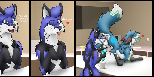 animal_genitalia animal_penis ball_lick balls beverage blue_body canine_genitalia canine_penis coffee digitalfox duo ejaculation erection feral feral_on_feral genitals handjob kitchen knot knotted_penis licking male male/male one_eye_closed oral penile penis semi-anthro sex sheath smile spread_legs spreading tail text tongue wink srfx18 kai_the_fox zatch_(sirfox) canid canine fox mammal absurd_res comic english_text hi_res
