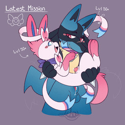 3_toes animal_genitalia anthro anthro_on_feral ball_tuft balls bestiality black_body black_fur blue_body blue_fur blue_sclera blush blush_lines bodily_fluids bow_tie bridal_carry carrying_another curled_up digitigrade dripping duo eye_contact eyebrows feet feral fur genital_fluids genitals gloves_(marking) hankerchief leg_markings legs_together looking_at_another male male/male male_on_feral markings motion_lines neckwear_only open_mouth open_smile paws penis penis_tip pink_body pink_fur pink_pupils precum precum_drip pupils raised_eyebrow red_pupils ribbons_(anatomy) sheath smile socks_(marking) spikes spikes_(anatomy) tail tail_motion tailwag text toes tuft white_body white_fur white_pupils white_sclera lemonmenace nintendo pokemon pokemon_mystery_dungeon spike_chunsoft eeveelution generation_4_pokemon generation_6_pokemon lucario pokemon_(species) sylveon digital_drawing_(artwork) digital_media_(artwork) english_text