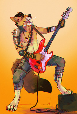 4_toes 5_fingers amplifier anthro armor bandage biped black_hair bottomwear chain clothed clothing dog_tags electric_guitar eyes_closed feet fingers guitar hair holding_musical_instrument holding_object long_tail male music musical_instrument pants playing_guitar playing_music plucked_string_instrument pose smile solo standing straps string_instrument tail teeth toes tongue tongue_out jeanwoof canid canine canis mammal wolf hi_res