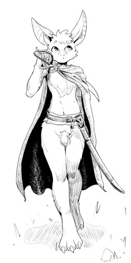 anthro balls bat_ears belt bottomless bottomless_anthro bottomless_male chest_tuft cloak clothed clothing fur genitals holding_object holding_weapon humanoid_genitalia humanoid_penis male melee_weapon mostly_nude mostly_nude_anthro mostly_nude_male penis scabbard solo sword tuft weapon saikoart turo_of_akesh bat desert_long-eared_bat mammal wingless_bat digital_media_(artwork) hi_res monochrome sketch