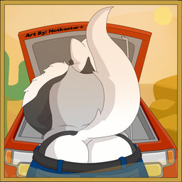 anthro belt bent_over big_butt bottomwear bottomwear_down butt butt_cleavage car clothed clothing dust fixing fur hair male muscular muscular_anthro muscular_male pants pants_down partially_clothed plumber's_crack raised_tail rear_view sagging solo sunset tail text truck vehicle white_body white_fur conditional_dnp notkastar mammal mephitid skunk 1:1 2018 digital_media_(artwork) english_text half-length_portrait portrait signature
