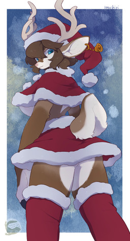 anthro antlers bell_ear_ring big_breasts blue_eyes bottomwear breasts brown_body brown_fur brown_hair capelet christmas_clothing christmas_headwear clothing female fur hair hat headgear headwear holidays horn logo miniskirt red_clothing santa_hat simple_background skirt solo text under_boob mochiri christmas deer mammal new_world_deer reindeer 2025 absurd_res artist_logo artist_name cel_shading digital_drawing_(artwork) digital_media_(artwork) hi_res shaded