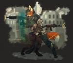 5_fingers advanced_shield anthro assault_rifle black_nose blood bodily_fluids boots bullet clothed clothing digitigrade duo ear_piercing energy_shield facial_piercing fingers fog footwear fur gauged_ear green_eyes gun holding_gun holding_object holding_ranged_weapon holding_weapon male nose_piercing orange_body orange_fur piercing profanity ranged_weapon rifle riot_shield sci-fi_shield shield shoes weapon hitmore sybil_(deathhydra) varas canid canine hyena mammal maned_wolf striped_hyena 2018 digital_media_(artwork)