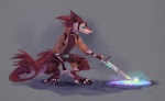 anthro armor blue_eyes collar fluffy fur head_tuft male melee_weapon multicolored_body multicolored_fur neon red_body red_fur solo sword tail tuft two_tone_body two_tone_fur weapon white_body white_fur stasya_sher cassius_(oldmancassius) sergal pastel_theme