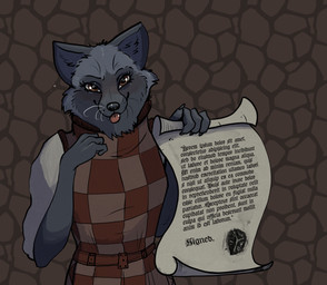 anthro blep clothing female fur grey_body grey_fur harlequin letter long_tail looking_at_viewer medieval_clothing orange_eyes paintbrush_tail secretary solo stamp standing tail tongue tongue_out garbagegarage voulpi_viniani_(garbagegarage) canid canine fox mammal 2024