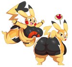 2018 absurd_res anthro anthrofied belly big_belly big_breasts big_butt biped bottomwear breasts butt cleft_tail clothed clothing cosplay_pikachu_(character) cosplay_pikachu_(costume) costume crop_top digital_media_(artwork) eyelashes female flirting generation_1_pokemon hand_on_butt heart_symbol hi_res huge_butt looking_at_viewer looking_back mammal mask midriff navel nintendo open_mouth overweight overweight_anthro overweight_female pikachu pikachu_libre pokemon pokemon_(species) pokemorph presenting presenting_hindquarters rear_view shirt short_stack shorts simple_background solo sssonic2 tail thick_thighs tongue tongue_out topwear white_background wide_hipped_anthro wide_hipped_female wide_hips