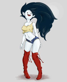 black_eyes black_hair boots clothed clothing fangs female footwear grey_background hair high_heeled_boots high_heels legwear midriff navel not_furry shirt shoes simple_background skimpy solo tank_top teeth thigh_boots thigh_highs topwear unzipped zipper unknown_artist adventure_time cartoon_network marceline_abadeer humanoid vampire letterbox source_request