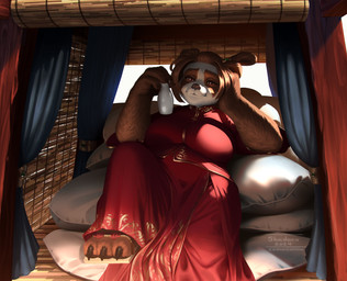 anthro big_breasts bottle breasts brown_body brown_fur brown_hair claws clothing container female fur hair holding_bottle holding_container holding_object lying on_back on_pillow pillow red_clothing smile solo shadoca blizzard_entertainment warcraft bear mammal pandaren 2024 hi_res