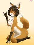 anthro breasts brown_body brown_fur brown_hair female female_anthro fox_shadow_puppet fur gesture hair kemono kneeling looking_at_viewer nipples simple_background solo tongue tongue_out vuaisu canid canine fox mammal 2019 3:4