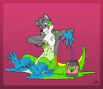 anthro armpit_hair body_hair liquid male paint solo tail tongue transformation wet spookaboo amphibian canid canine fox frog mammal