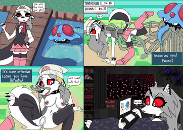 anthro barbell_piercing beanie bodily_fluids boots bottomwear breasts clock clothing collar cosplay cum cum_in_vagina cum_inside dialogue duo ear_piercing ear_ring female footwear genital_fluids genitals hat headgear headwear male male/female navel nipple_barbell nipple_piercing nipples onomatopoeia paws penetration piercing profanity red_sclera ring_piercing saliva saliva_string scarf shoes skirt sound_effects speech_bubble spiked_collar spikes spread_legs spreading tail tail_pull tentacle_in_vagina tentacle_penetration tentacles text vaginal vaginal_penetration vulva watch white_eyes @mangotaffee hellaverse helluva_boss nintendo pokemon loona_(helluva_boss) generation_1_pokemon pokemon_(species) tentacruel absurd_res comic english_text hi_res