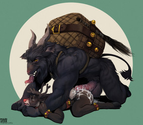 anthro anthro_on_anthro antlers backpack balls bell black_body black_fur bodily_fluids bracelet butt cum cum_on_body cum_on_butt drooling drooling_on_partner duo erection foreskin fur genital_fluids genitals glans holidays horn hot_dogging humanoid_genitalia humanoid_penis jewelry larger_male larger_on_top male male/male nude on_top open_mouth penis retracted_foreskin saliva scar sex size_difference smaller_male tongue tongue_out mariart christmas krampus rudolph_the_red-nosed_reindeer bovid caprine caprine_demon deer demon goat goat_demon mammal new_world_deer reindeer 2019