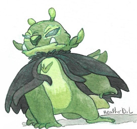 4_fingers ambiguous_gender antennae_(anatomy) black_cape black_clothing cape cape_only chest_markings clothing dipstick_antennae eyelashes fangs fingers green_body green_eyes green_nose markings mostly_nude multicolored_antennae simple_background solo teeth underbite white_background heather0feather disney lilo_and_stitch experiment_628_(heather0feather) fan_character alien experiment_(lilo_and_stitch) signature traditional_media_(artwork) female_(lore)