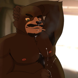 anthro armpit_hair beard bodily_fluids body_hair cigarette cigarette_in_mouth cum facial_hair genital_fluids green_eyes male male_anthro masturbation mustache nipples nude nude_anthro nude_male object_in_mouth smoke smoking smoking_cigarette solo sweat trucker wolfie_(wolfieslocker) bear mammal 1:1 hi_res
