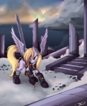 armor blonde_hair breastplate chainmail cloud column cutie_mark feathered_wings feathers female feral fur grey_body grey_feathers grey_fur hair longsword melee_weapon outside platemail quadruped rock ruins sky solo stairs sword tail two_handed_weapon water weapon wings ponykillerx friendship_is_magic hasbro my_little_pony mythology derpy_hooves_(mlp) equid equine mammal mythological_creature mythological_equine pegasus 2012 hi_res signature