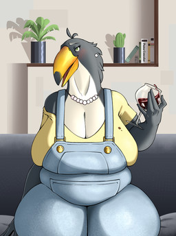 anthro bedroom_eyes belly big_breasts blush book breasts clothing female fertility_pills furniture glass_of_wine green_eyes houseplant huge_breasts jewelry looking_at_viewer mature_anthro mature_female narrowed_eyes non-mammal_breasts overalls overweight overweight_anthro overweight_female seductive sofa solo spilled_drink thick_thighs arttukorppu avian bird toucan hi_res