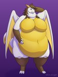 2_horns anthro belly big_belly big_breasts breasts brown_body brown_eyes brown_fur claws clothing digitigrade female fur hand_on_belly horn huge_belly legwear looking_at_viewer male membrane_(anatomy) membranous_wings morbidly_obese morbidly_obese_male obese obese_male overweight overweight_male simple_background smile solo tail thick_arms thick_tail thigh_highs white_body white_fur wide_hips wings yellow_body yellow_fur white-dragon mythology dragon furred_dragon furred_scalie mythological_creature mythological_scalie scalie 2024 3:4 hi_res signature