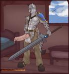 abs anthro athletic balls biceps big_balls big_penis bodily_fluids chaps clothed clothing countershading erection foreskin fur genital_fluids genitals holding_melee_weapon holding_object holding_sword holding_weapon huge_penis knot male melee_weapon muscular muscular_anthro pecs penis precum simple_background solo sword topless vein weapon castbound hannibalazul felid feline lynx mammal hi_res