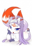 anthro arm_support blue_eyes blush body_blush butt chest_tuft dipstick_ears dipstick_tail ear_markings female flat_chested fluffy fluffy_tail fur hair hand_on_own_face kemono leg_markings long_hair looking_at_viewer lying markings multicolored_ears nude on_front open_mouth orange_markings pawpads semi-anthro short_legs simple_background socks_(marking) solo tail tail_markings the_pose tuft white_background white_body white_fur white_hair ukan_muri sakame_(ukan_muri) canid canine fox mammal