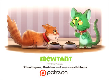 3_eyes ambiguous_gender anthro bowl collar container duo eating fangs feral food fur green_body green_fur humor multi_eye open_mouth pun scared simple_background tan_body tan_fur teeth text visual_pun whiskers white_background yellow_eyes piper_thibodeau domestic_cat felid feline felis mammal digital_media_(artwork) digital_painting_(artwork) english_text painting_(artwork)