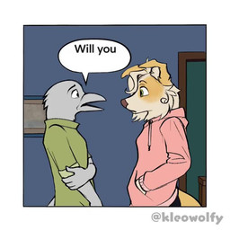anthro clothed clothing dialogue dishonesty duo evil_eyes evil_grin female hoodie humor looking_at_viewer male shirt smile speech_bubble text toothy_grin topwear kleowolfy unknown_artist thriller_(music_video) avian bird canid canine canis domestic_dog mammal 1:1 2025 animated comic english_text meme multiple_images short_playtime sound video